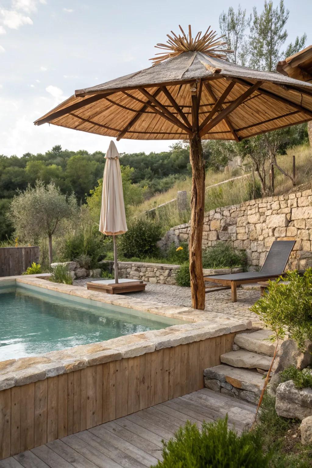 A rustic wooden umbrella offers shade with natural charm.