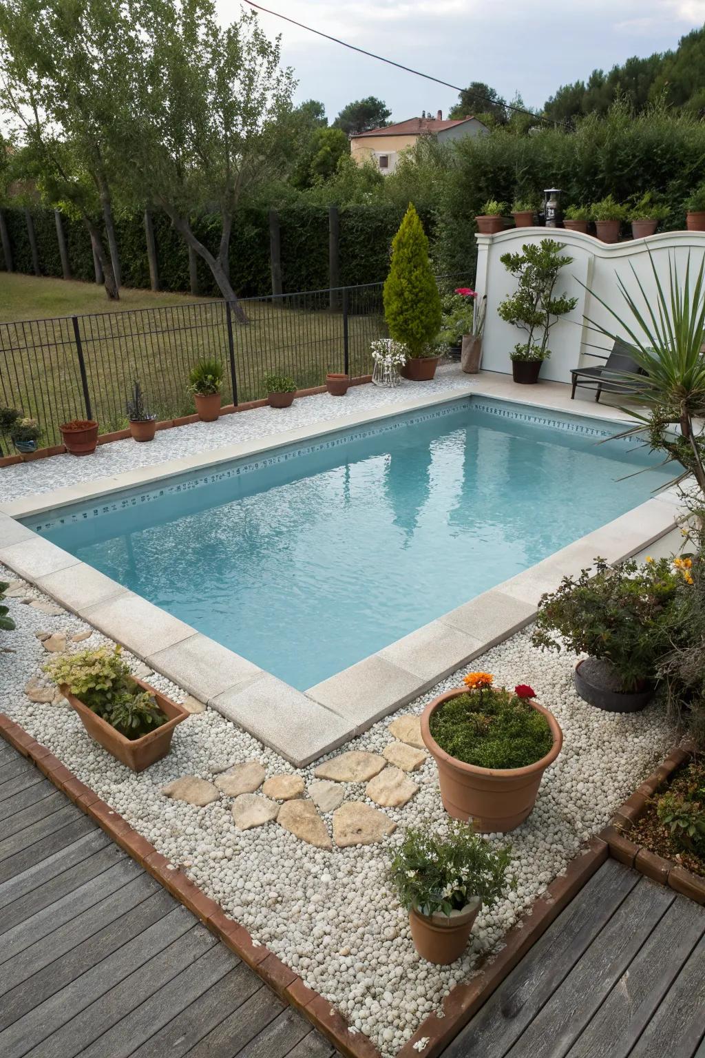 A gravel border that adds texture and color around the pool.