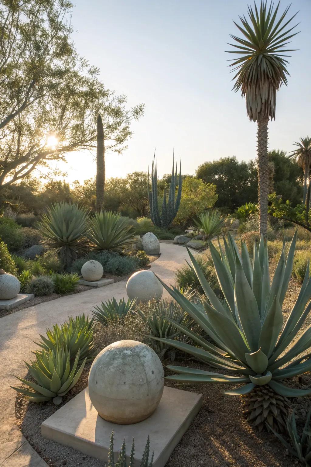 Agave plants paired with artistic sculptures.