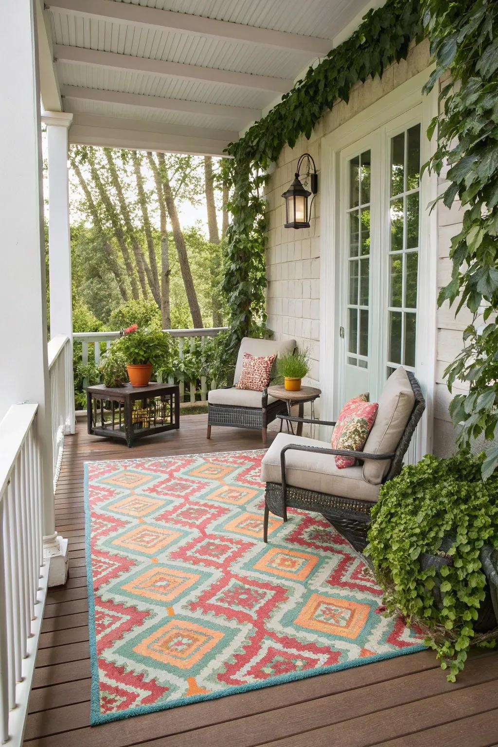 An outdoor rug adds comfort and ties your porch decor together.