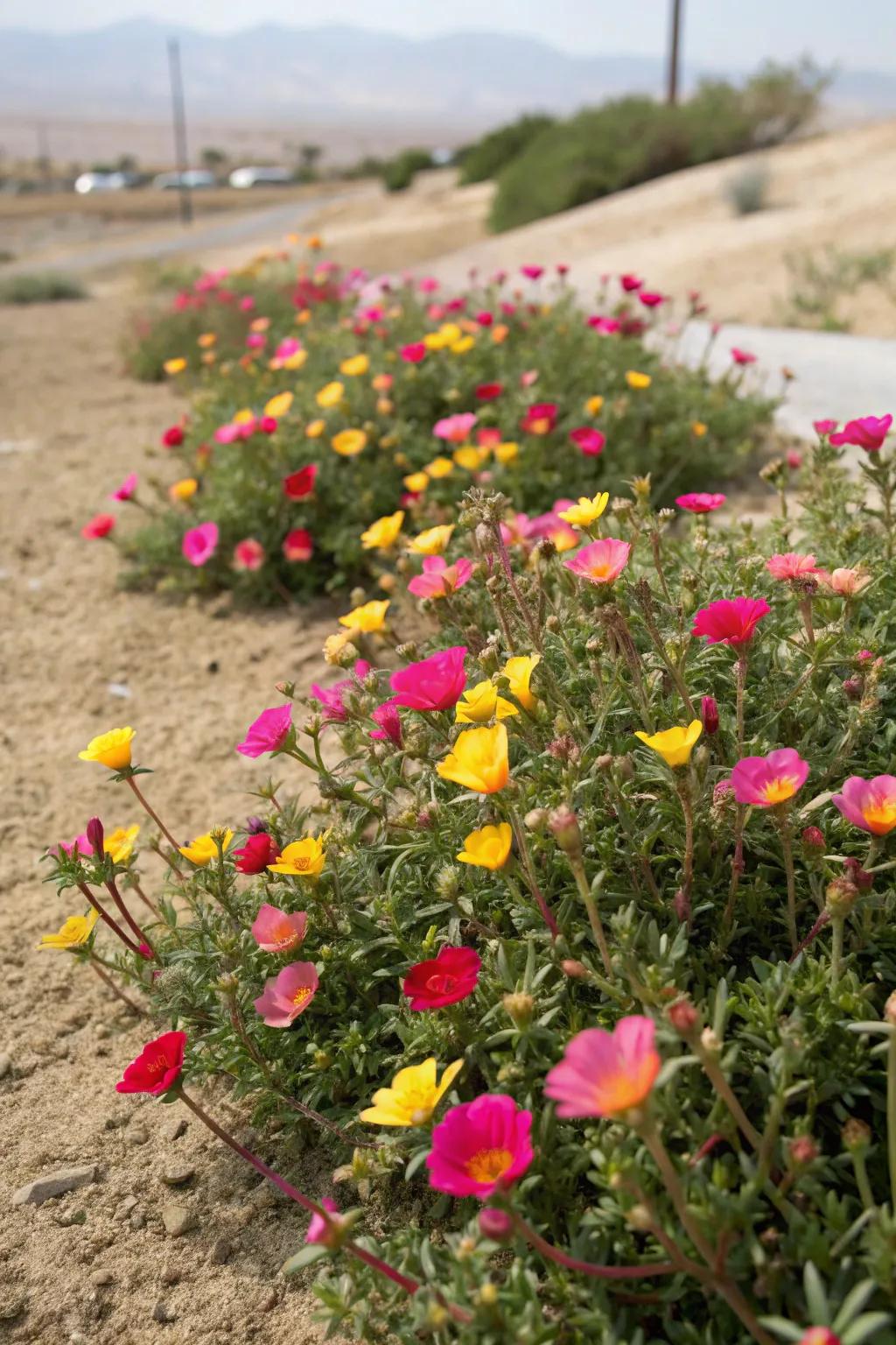 Water-wise garden bed with resilient portulaca blooms.