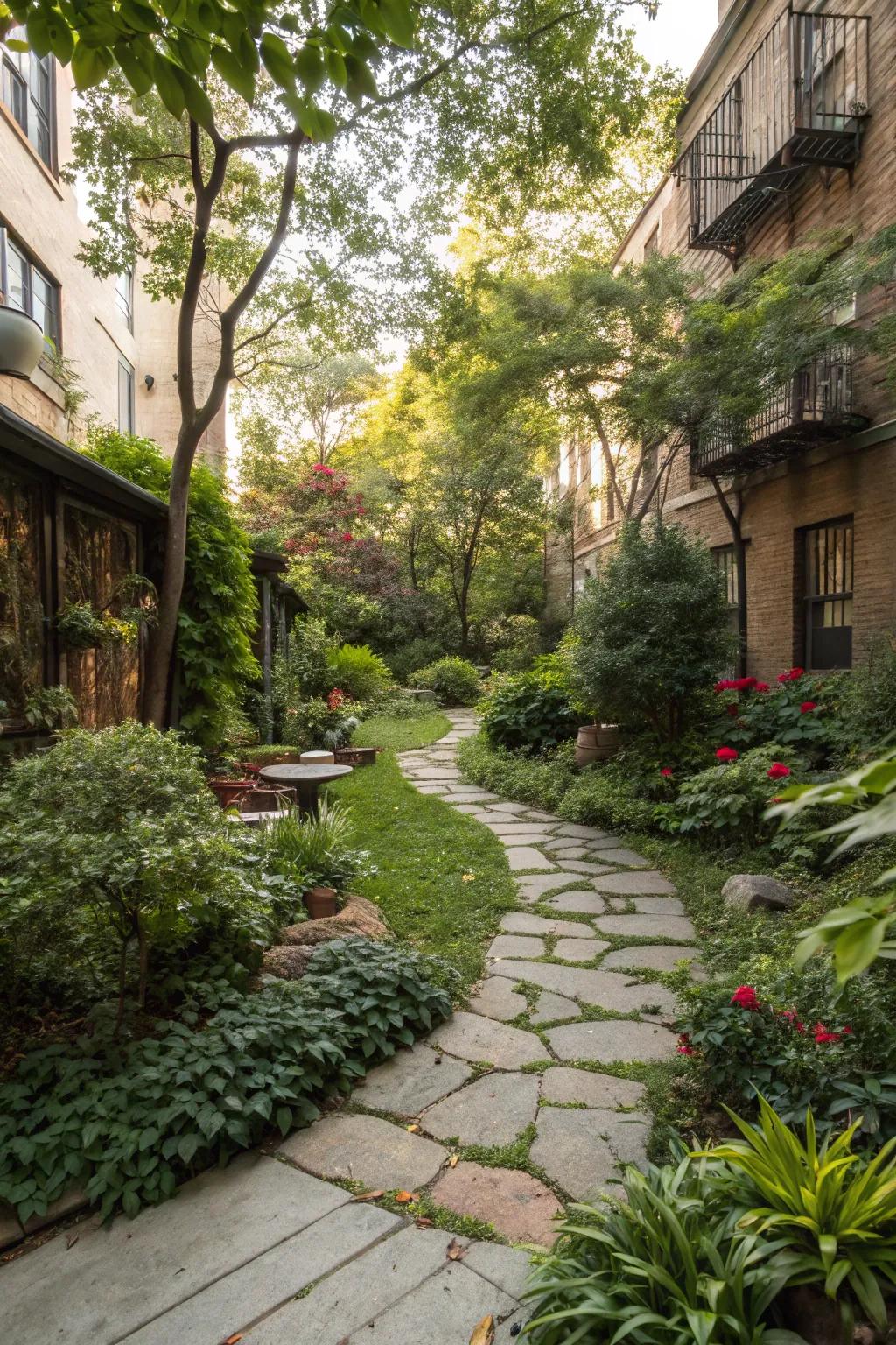 Stone pathways weaving through an apartment backyard, adding structure and charm.