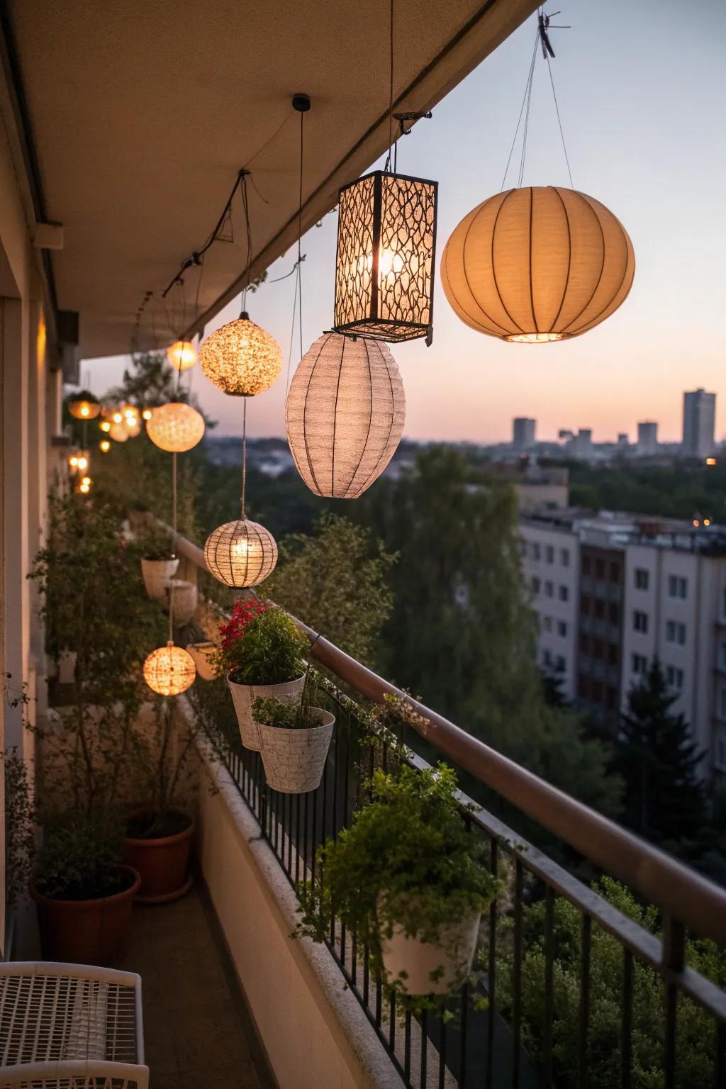 Hanging lanterns adding a whimsical touch to an apartment balcony.