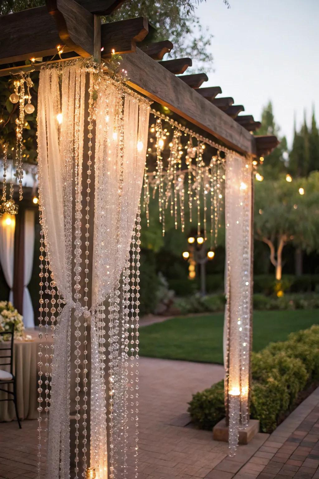 Crystal curtains add glamour and sparkle to your arbor.