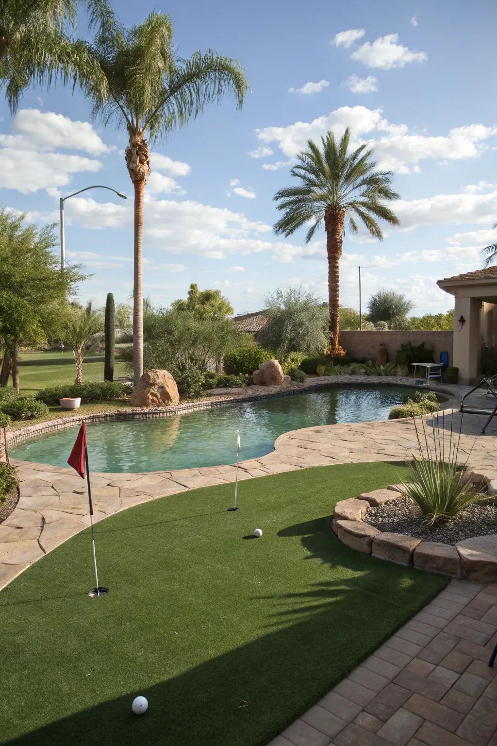 Putting greens add a playful and sporty element to pool landscapes.