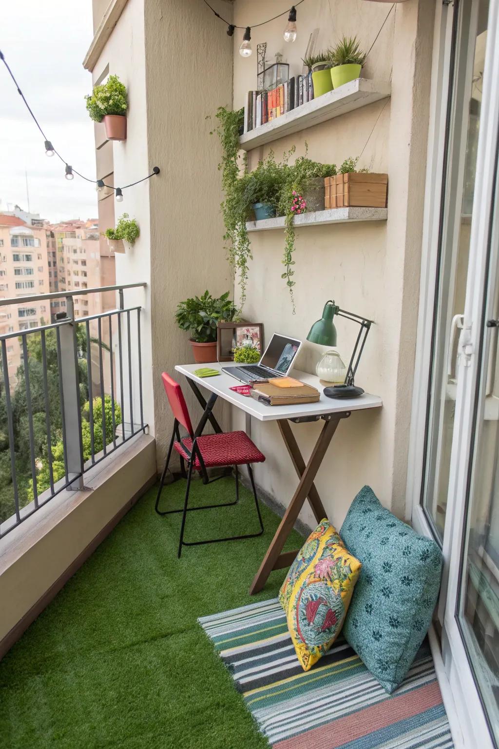 Design a creative workspace with artificial grass for inspired productivity.