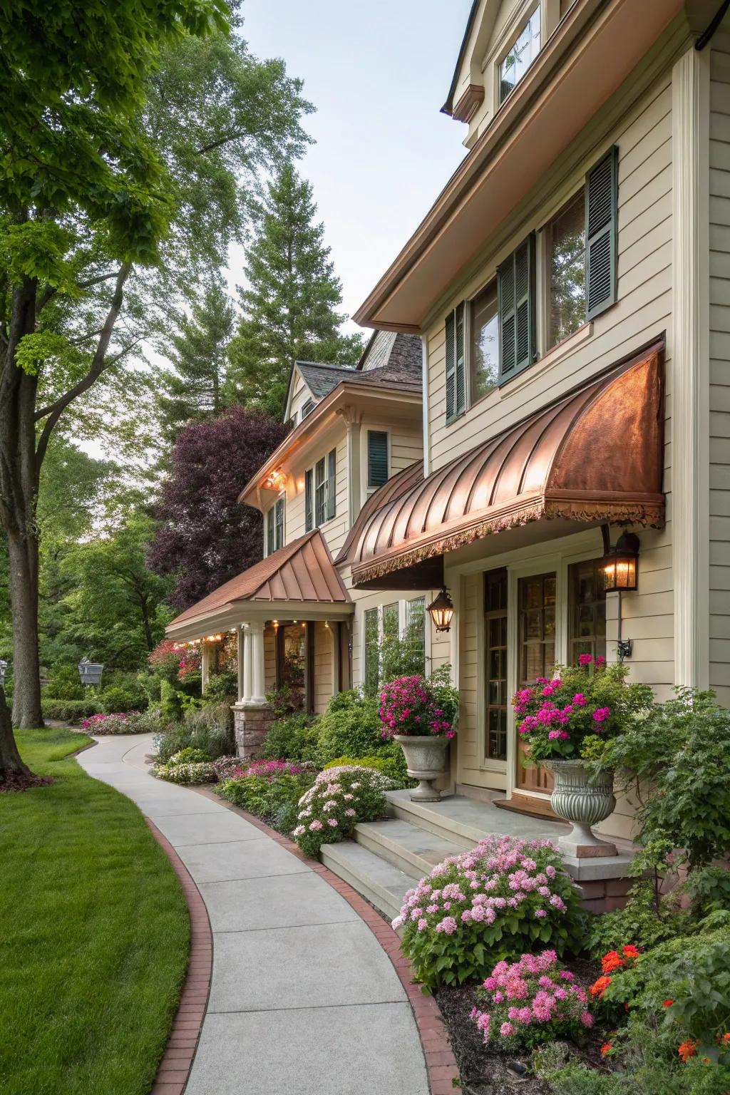 Copper awnings offer a timeless, elegant appeal.