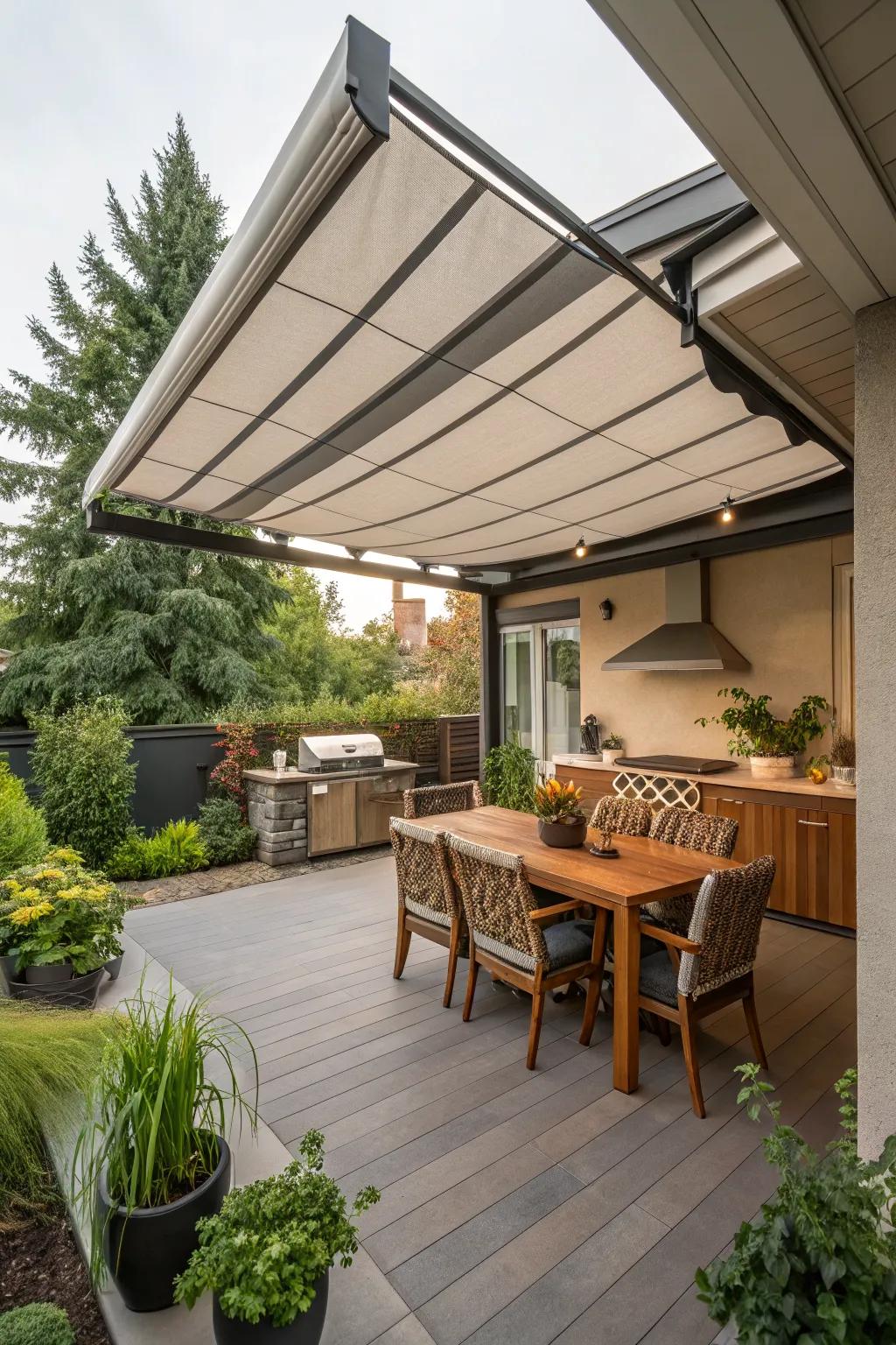 Retractable awnings offer adjustable shade and comfort in this back patio kitchen.