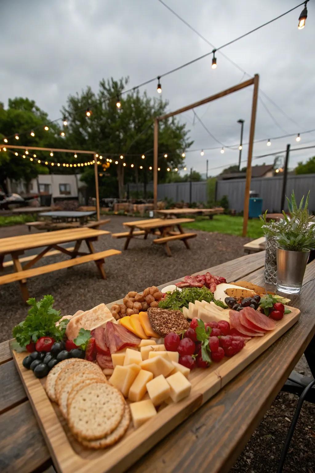 A charcuterie board offers a variety of tasty treats.