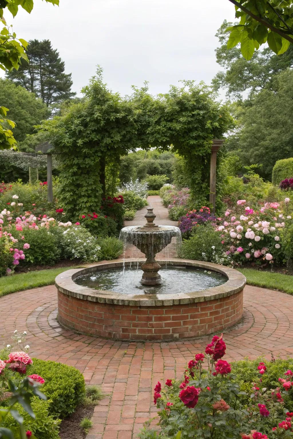 A brick fountain adds elegance and tranquility.