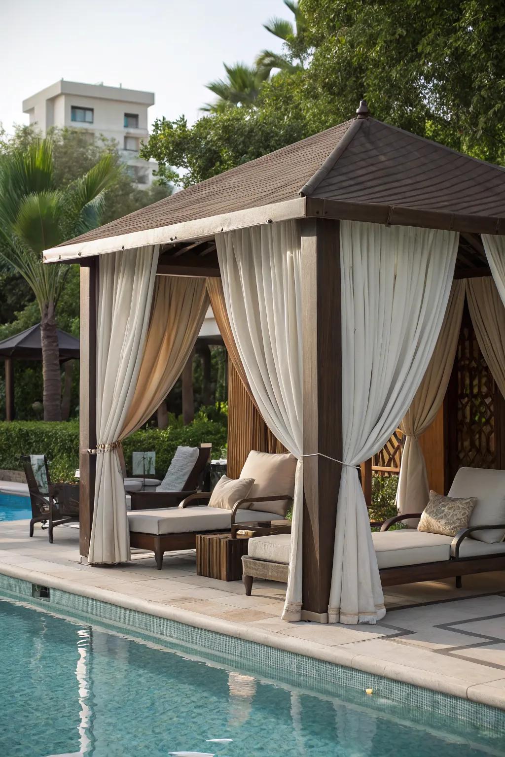 A poolside cabana offers style and comfort.