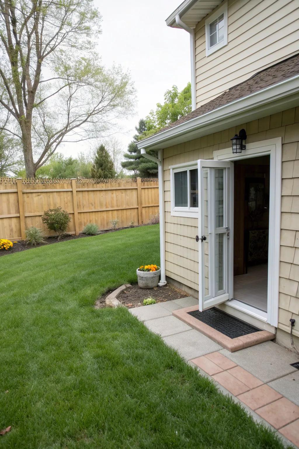 A doggie door grants easy access to the outdoor playground.