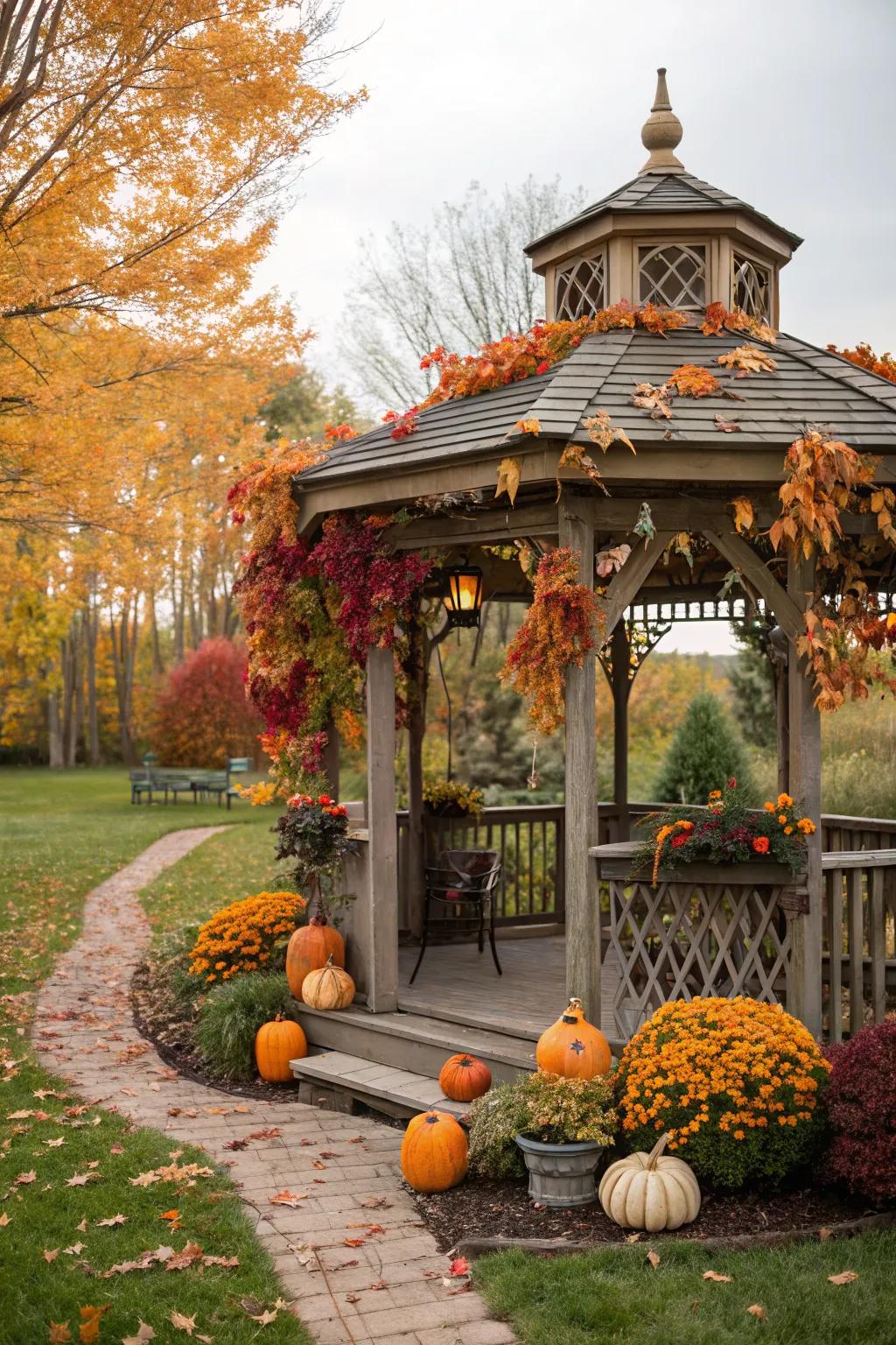Seasonal decorations keep this gazebo looking fresh and inviting.