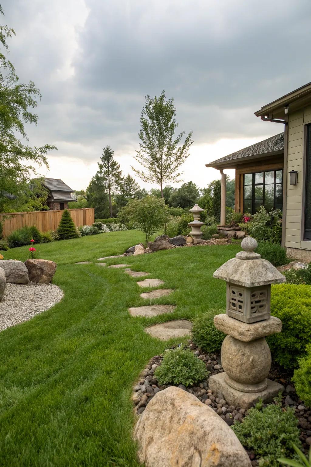 Stone sculptures add a unique and earthy charm to your lawn.