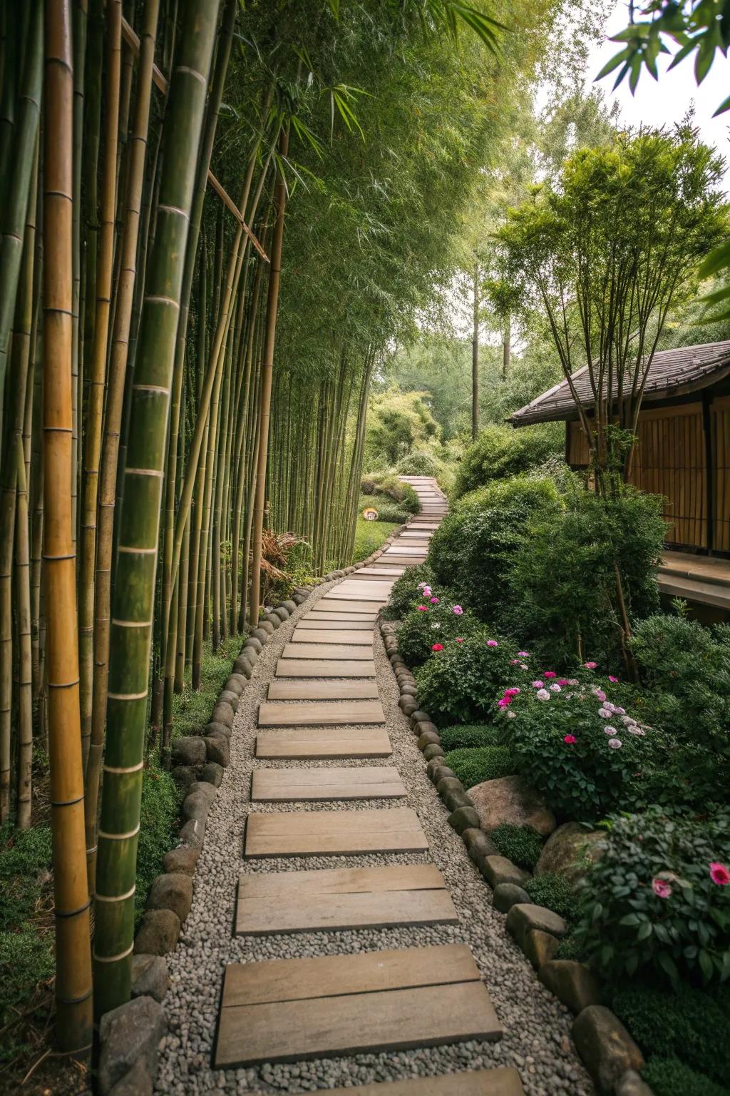 Create a serene garden path with a bamboo walkway.