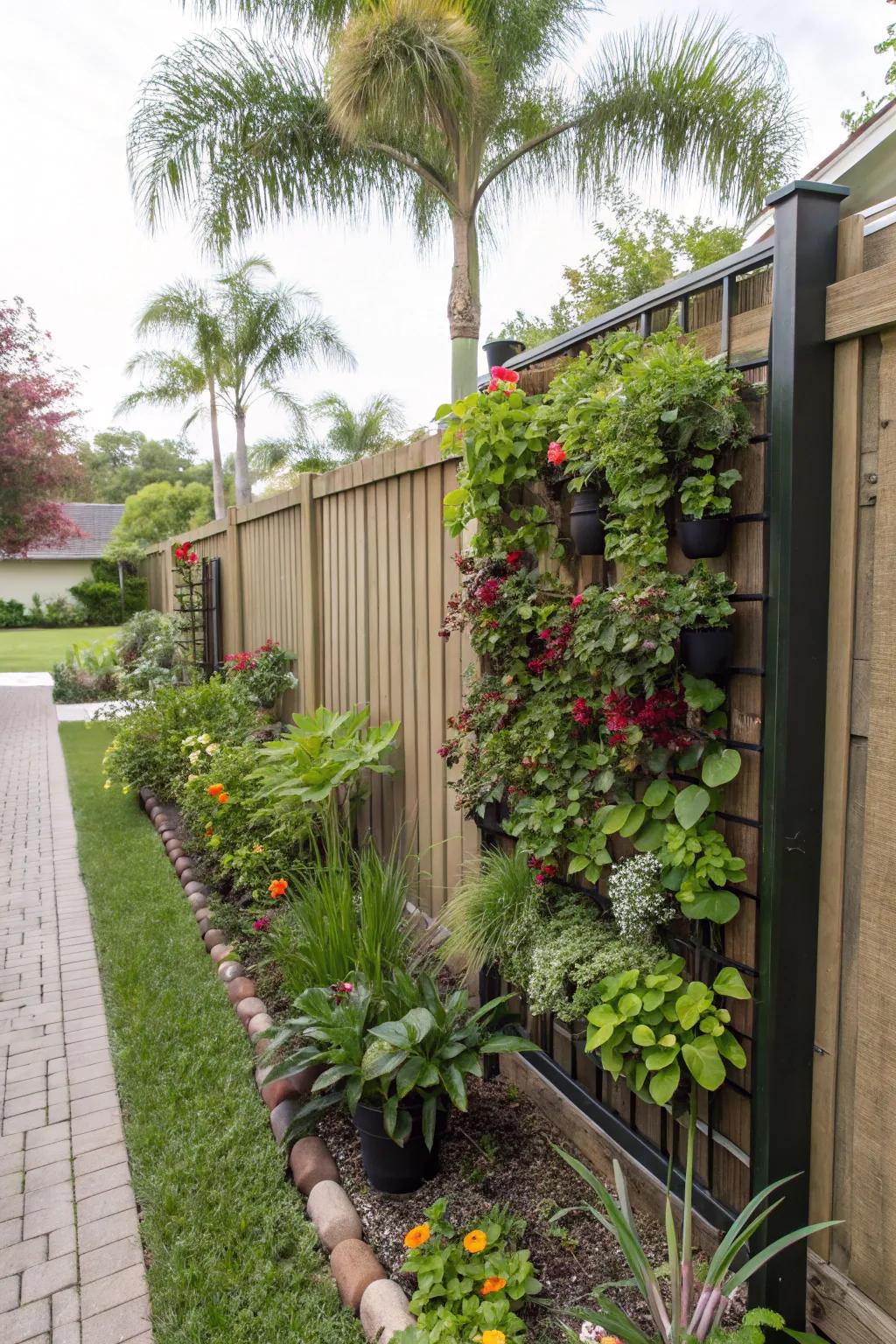 A vertical garden adding greenery to a Florida backyard fence.