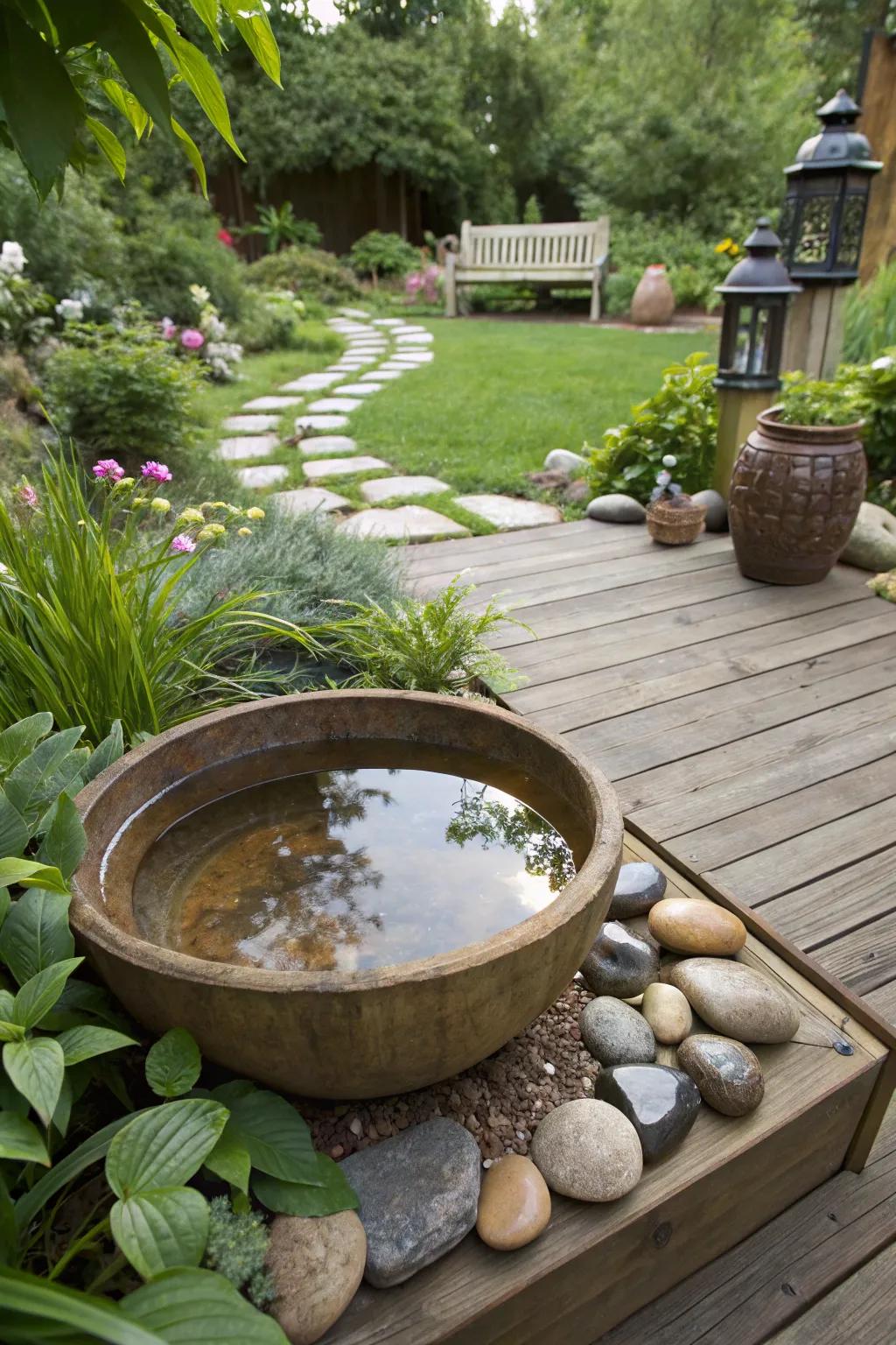 Water bowls add a serene touch to meditation.