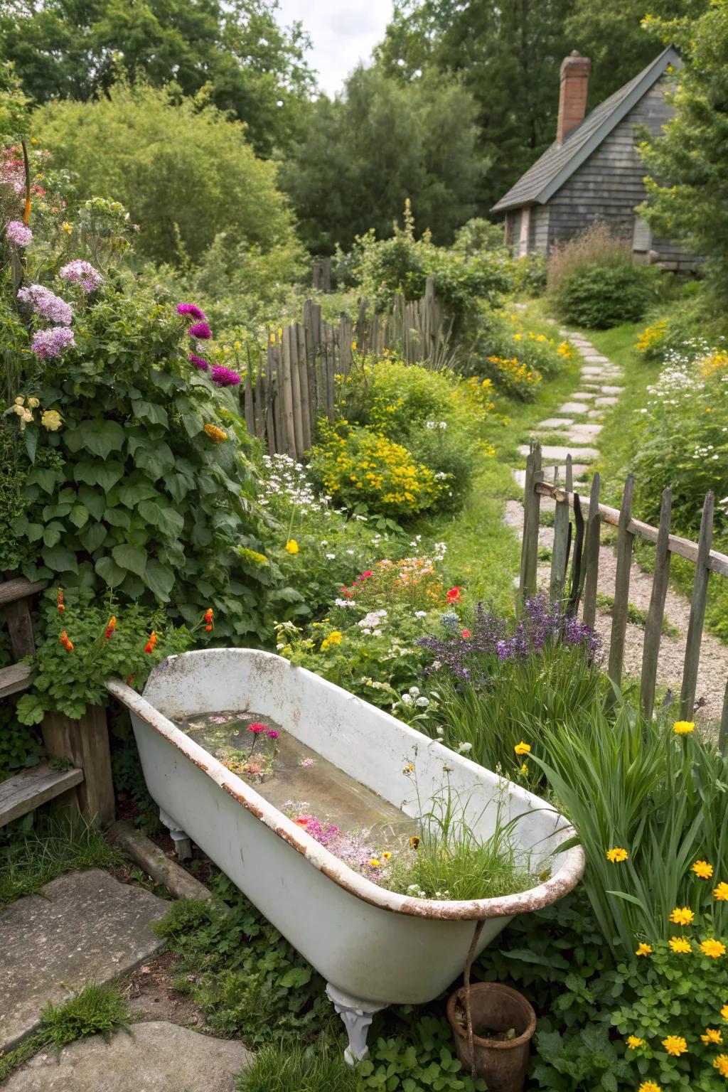 A cottage-style plant display using an old bathtub.