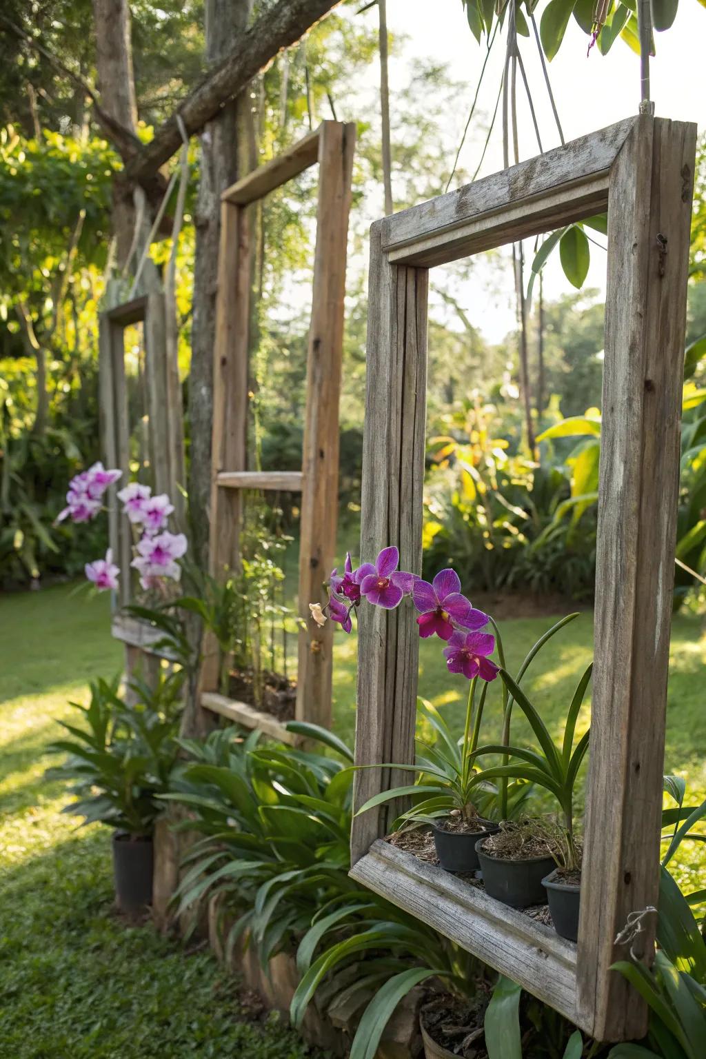 Rustic wooden frames adding charm to the orchid house.