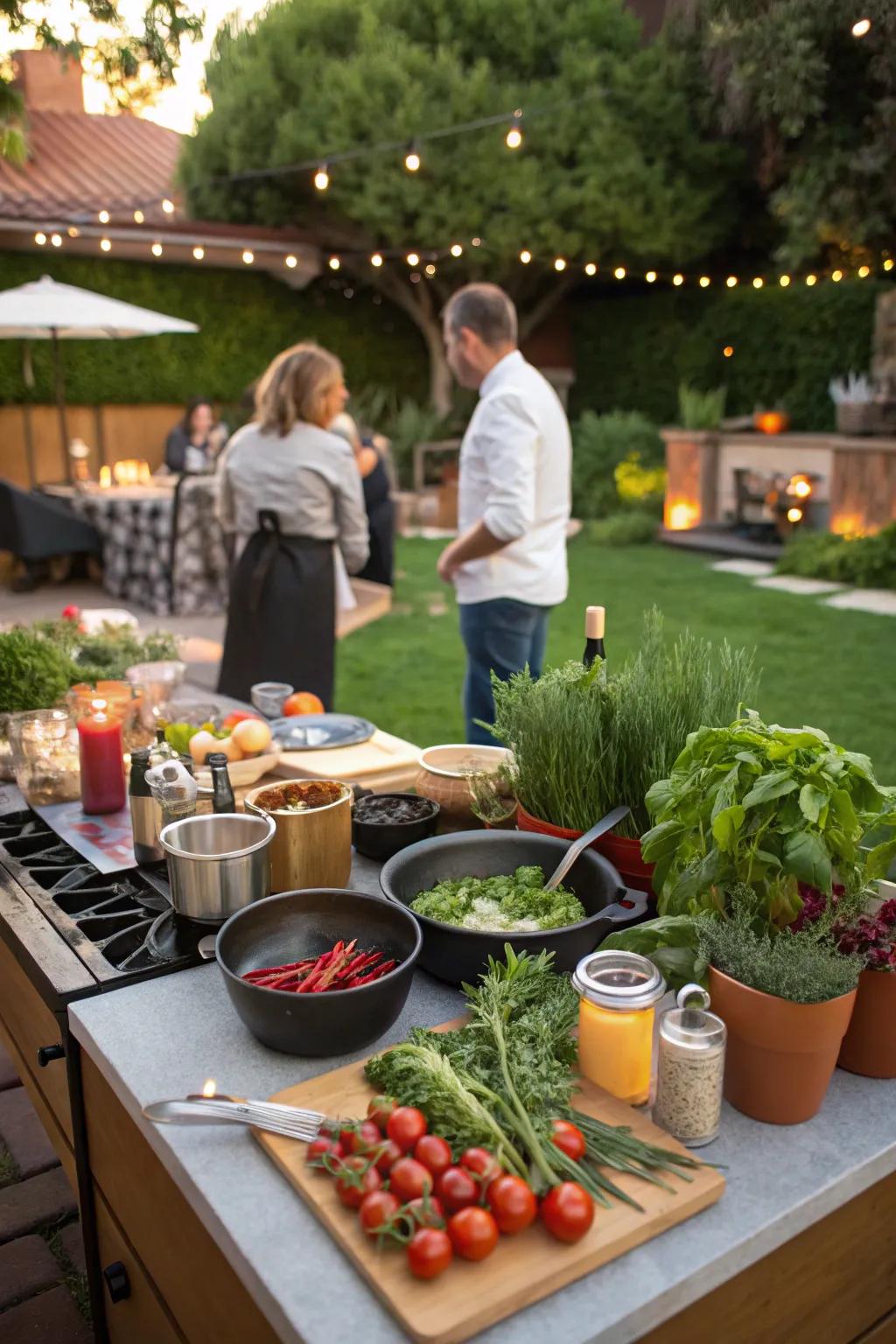 An interactive cooking station offers a fun, hands-on dining experience.