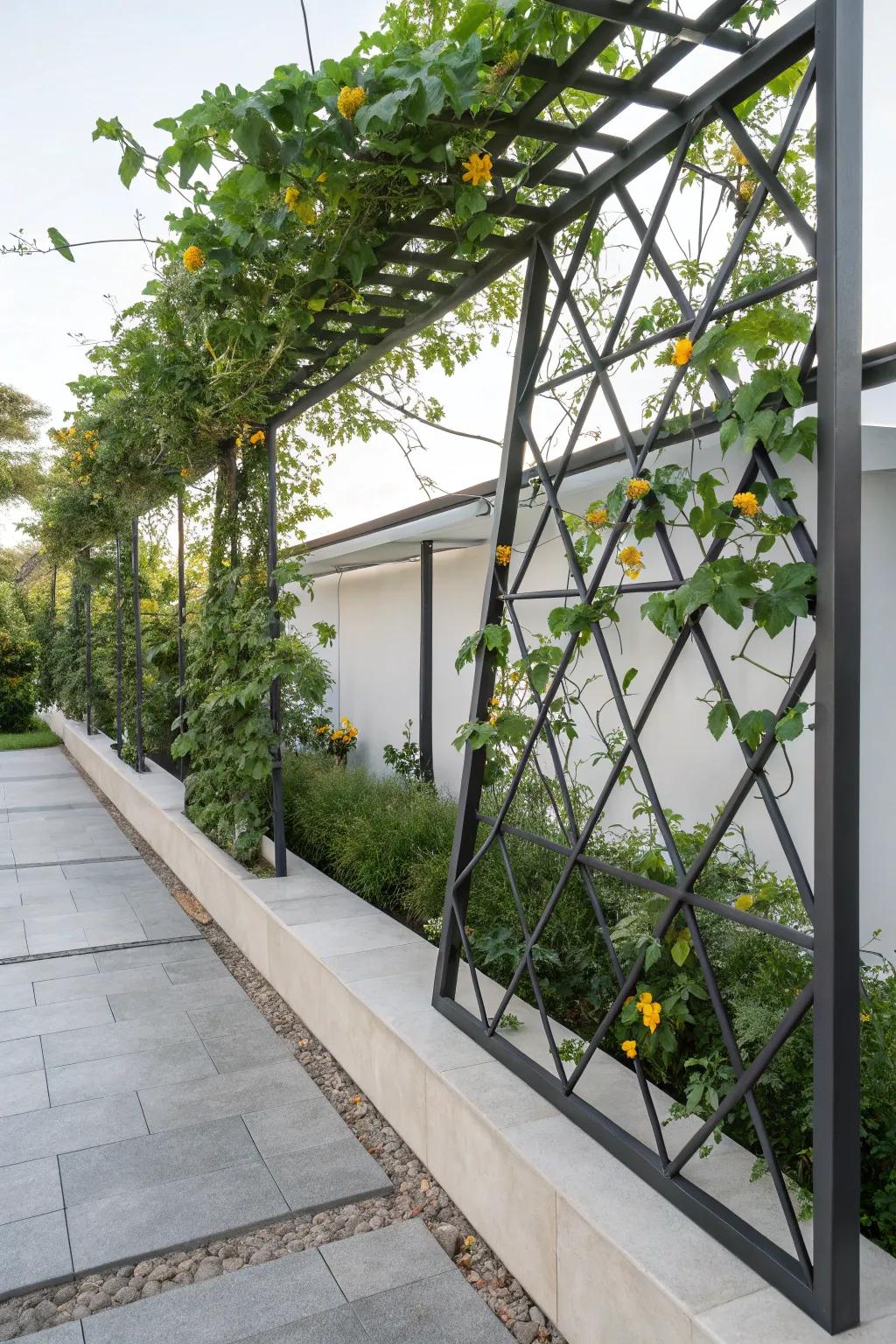 A modern garden featuring a trellis with geometric designs.