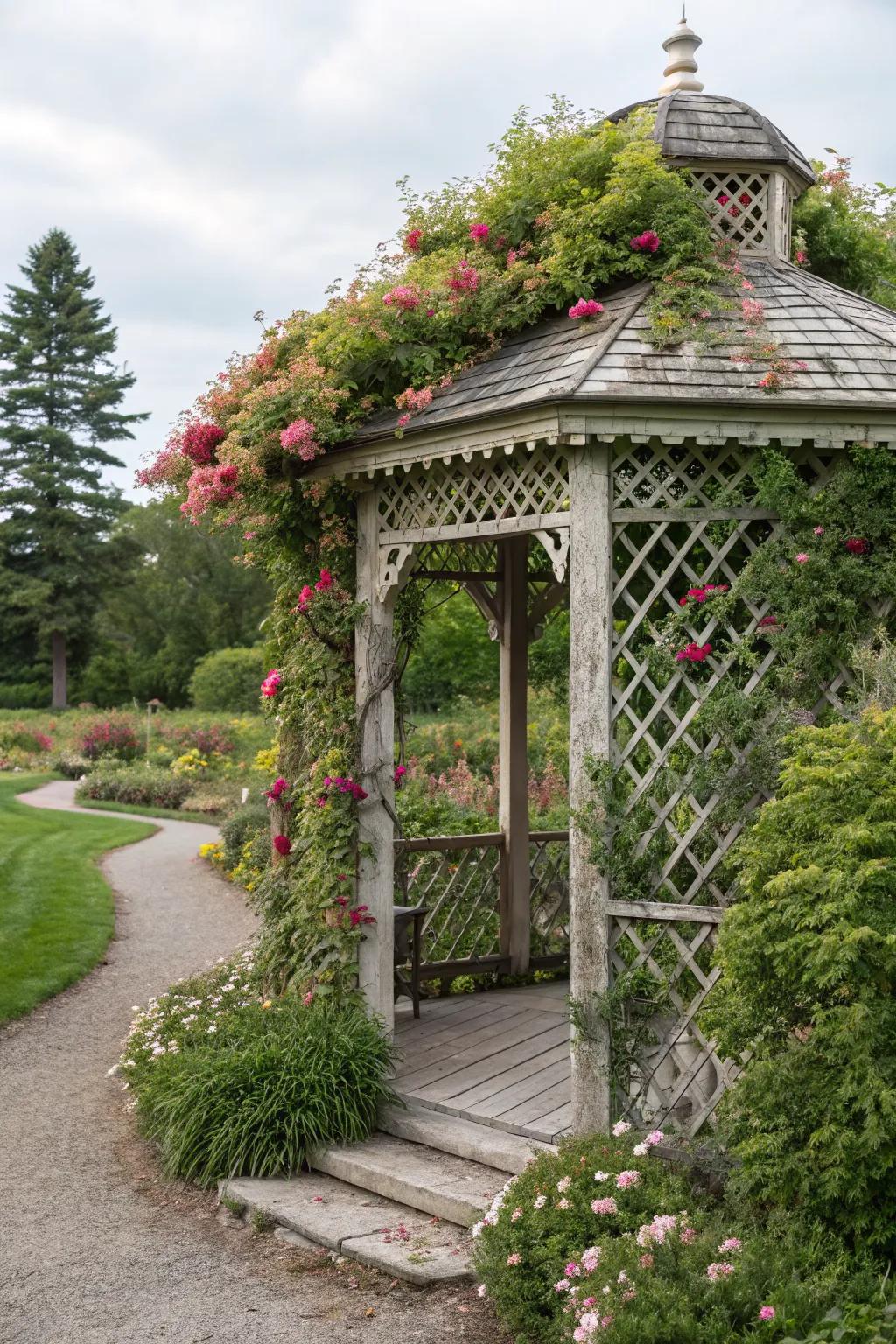 A gazebo beautifully integrated with trellis walls.
