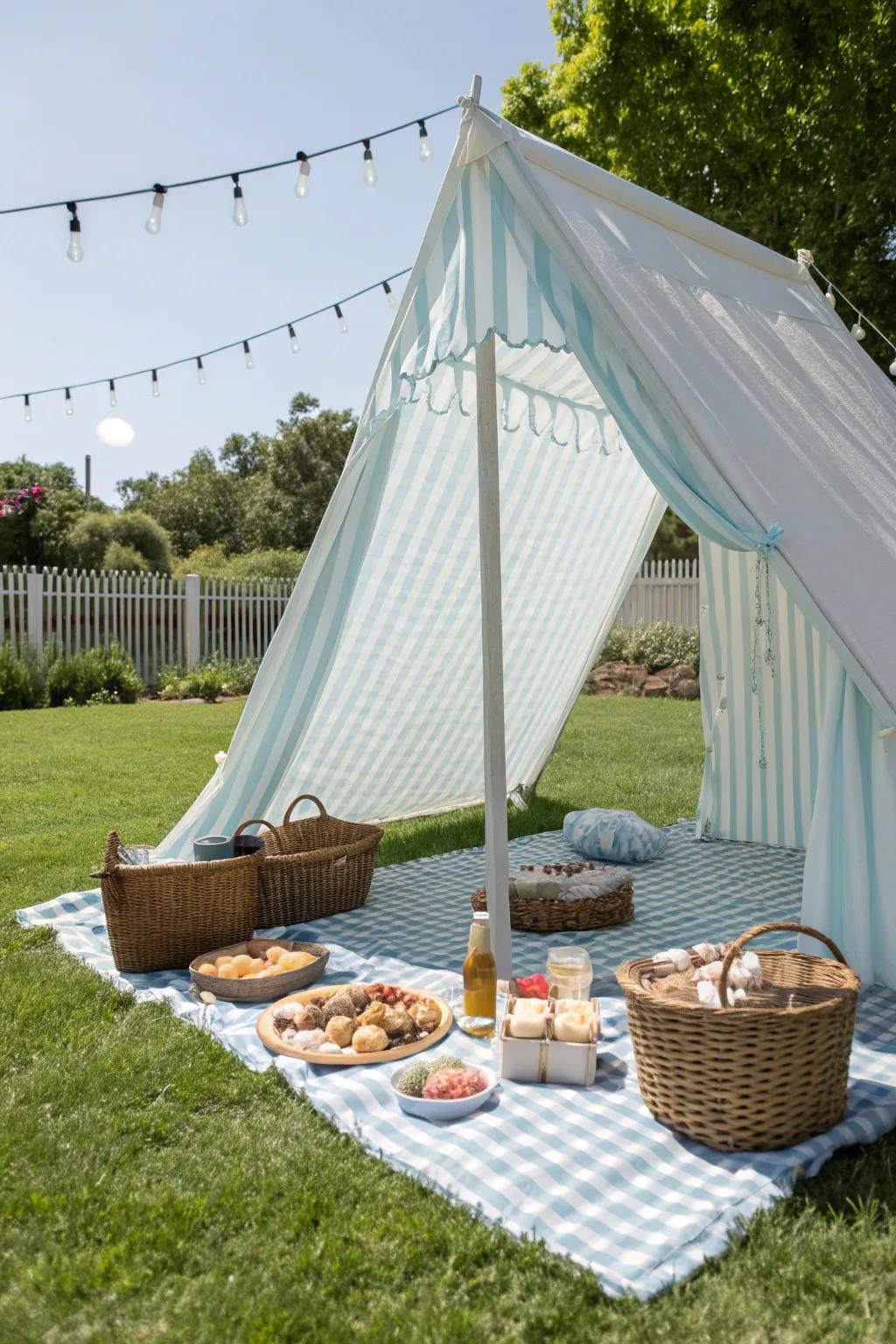 Enjoy shaded comfort with a tented picnic setup.