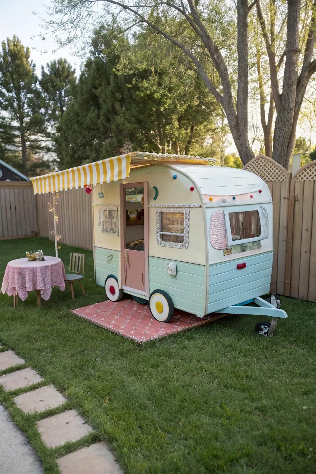 A vintage camper playhouse offers a delightful retreat.