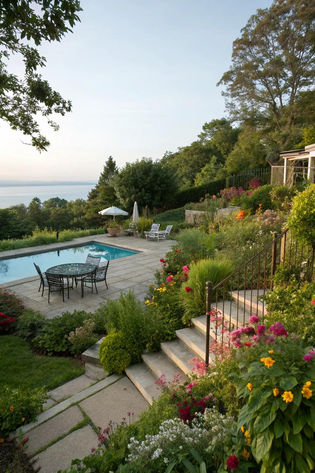 Enjoy lush greenery with terraced gardens and pool views.