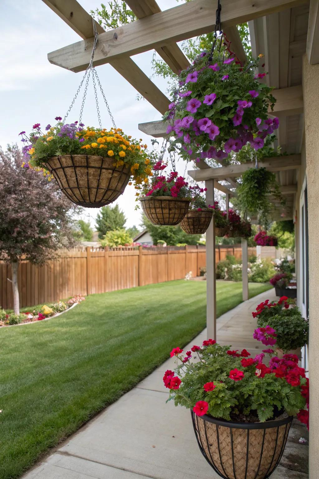 Hanging baskets add color and privacy at eye level.