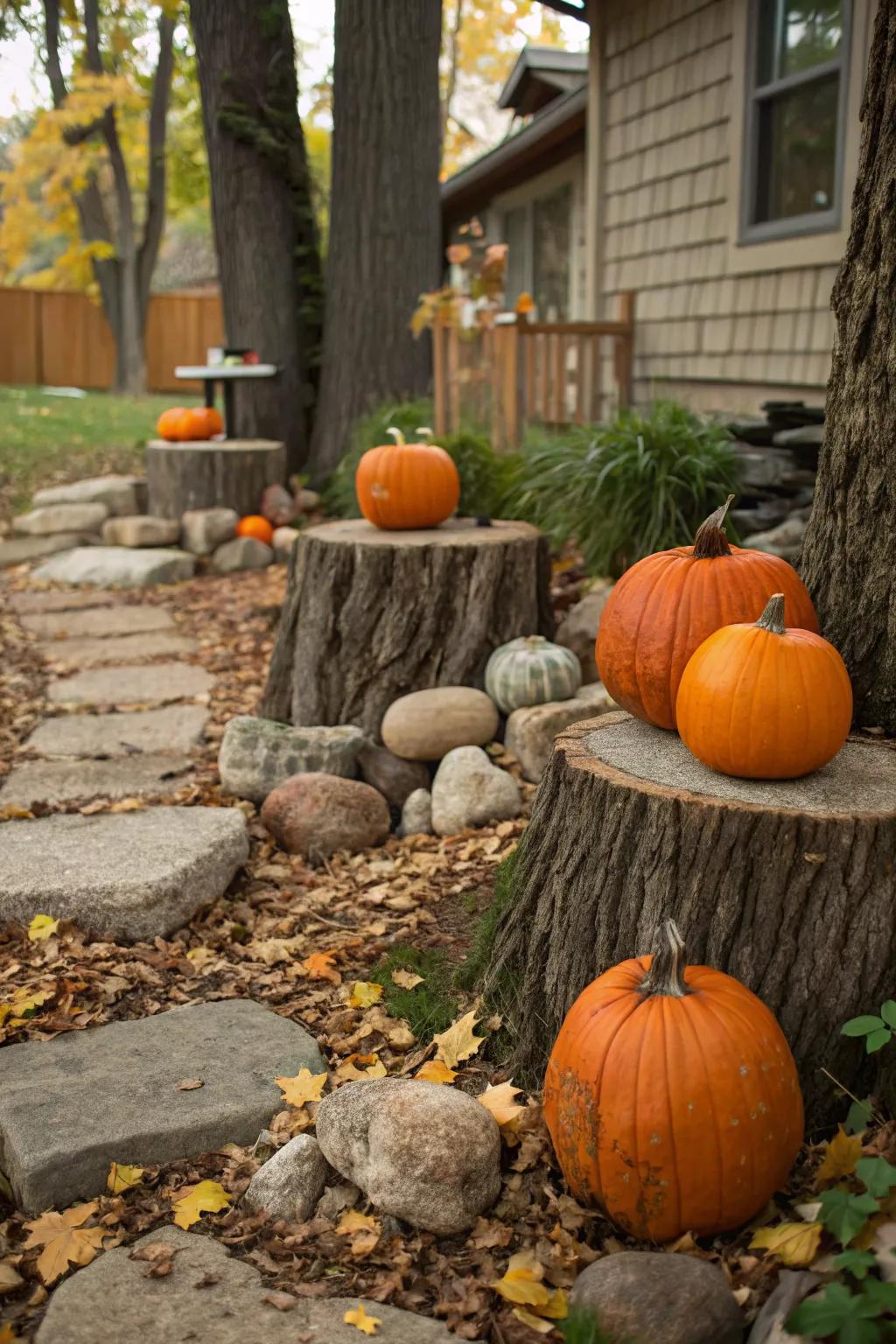 Natural elements seamlessly integrate your pumpkin patch with the garden.
