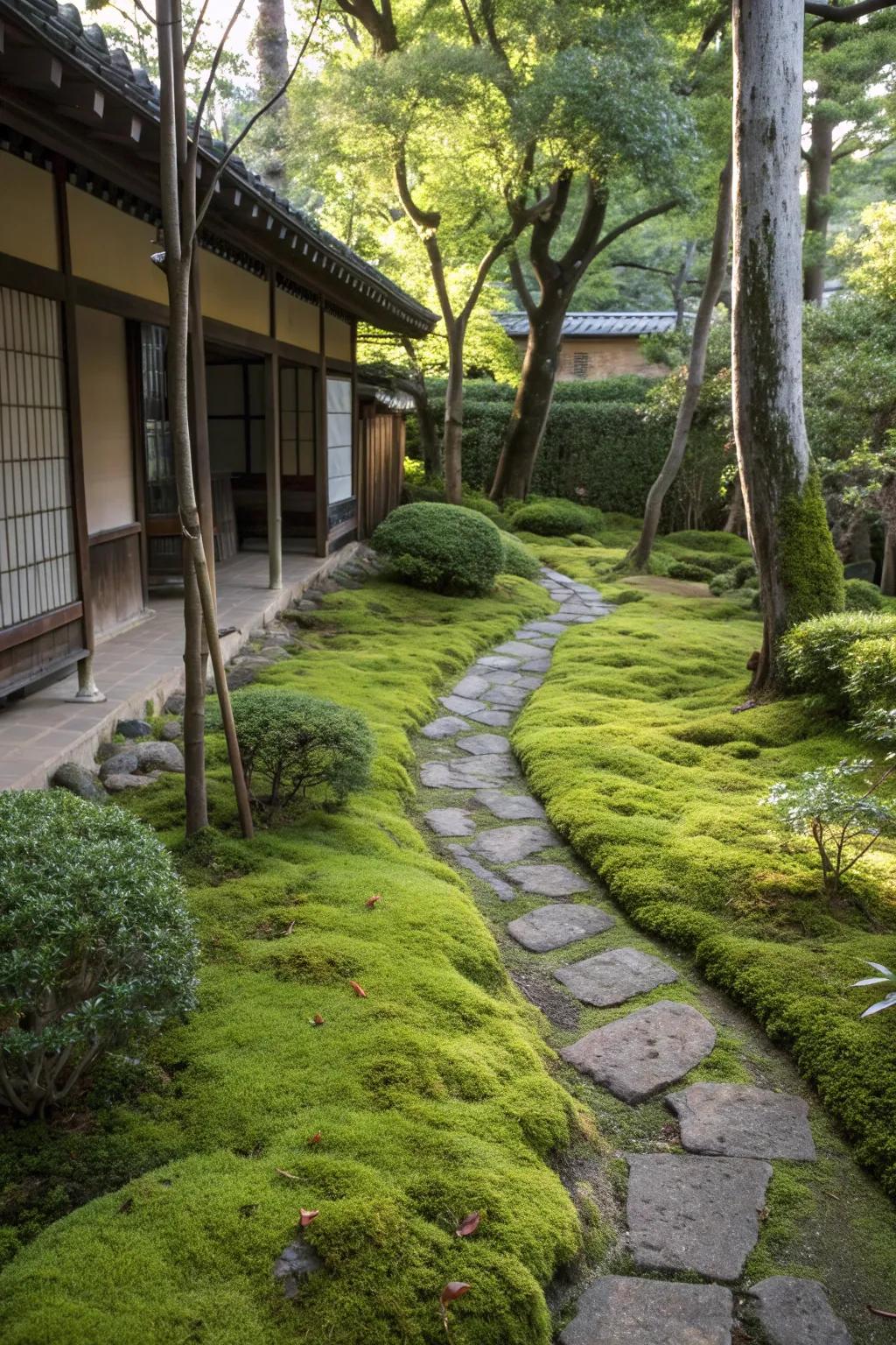 A moss pathway adds charm and guides guests through your garden.