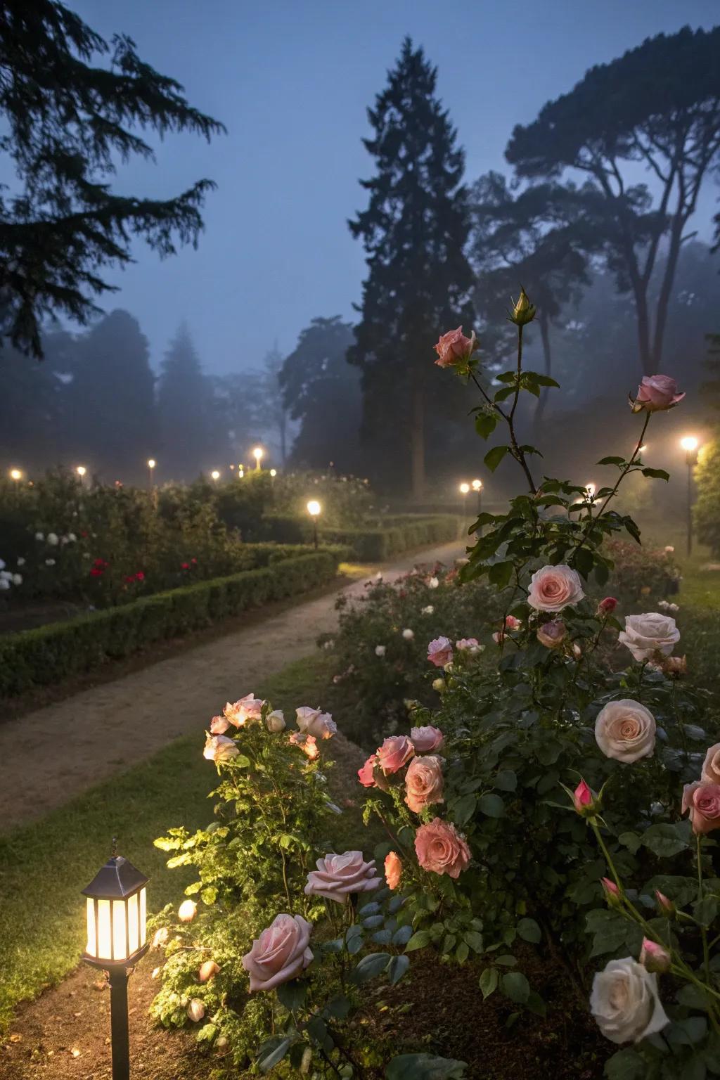 Soft lighting transforms a rose garden into an enchanting nighttime retreat.