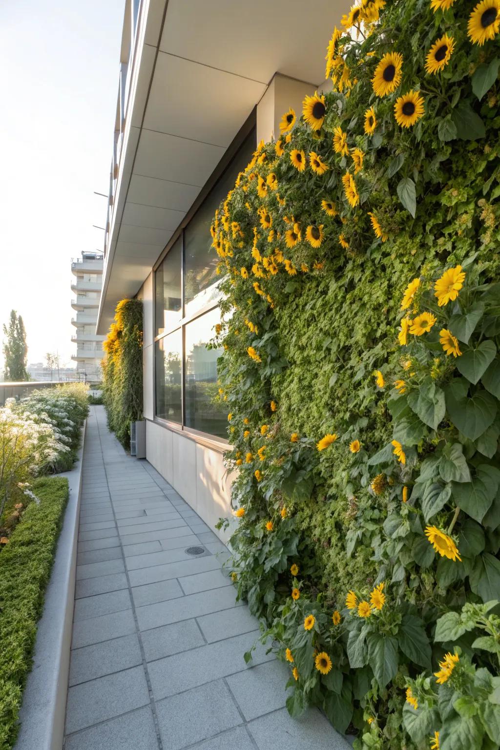 A vertical garden of sunflowers transforming space with height and color.