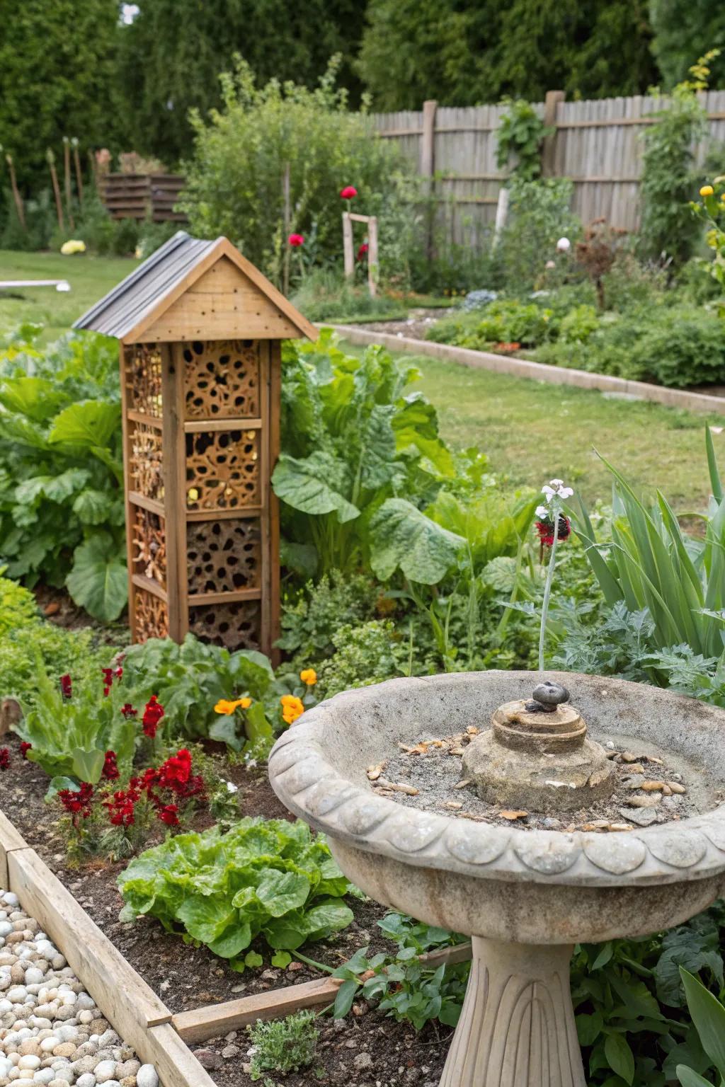 Wildlife-friendly features like a birdbath and insect hotel enhance the garden.