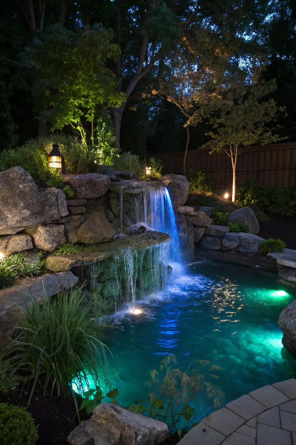 Underwater LED lights give your waterfall a magical nighttime glow.