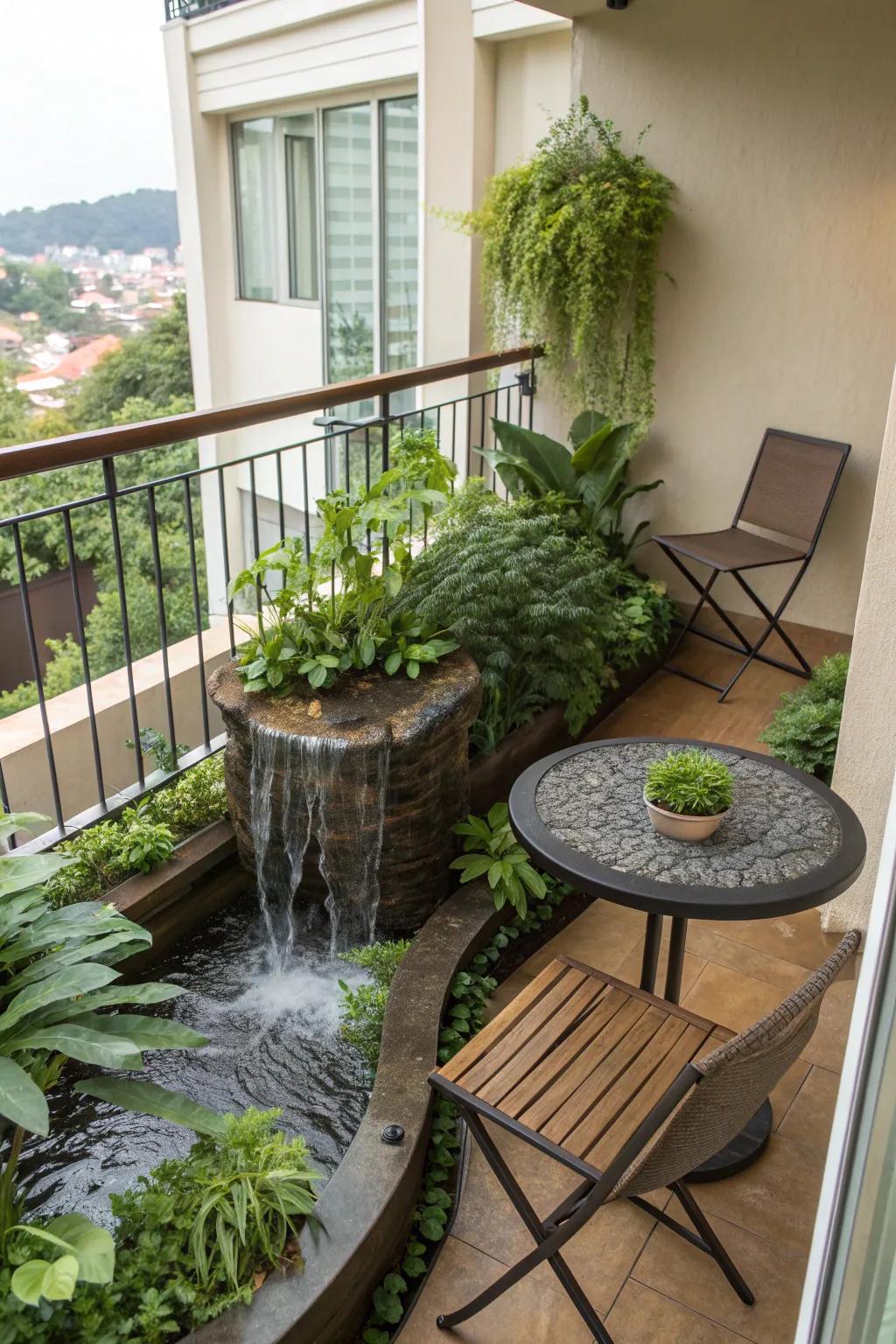 A water feature adds tranquility to the balcony.
