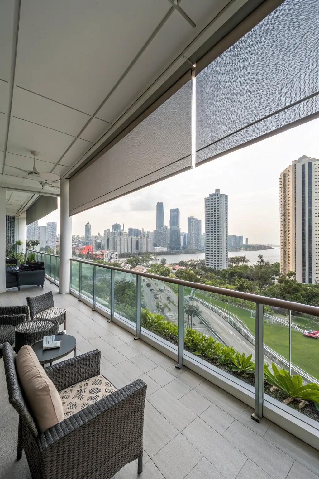 Balcony with solar shades providing comfort and energy efficiency.