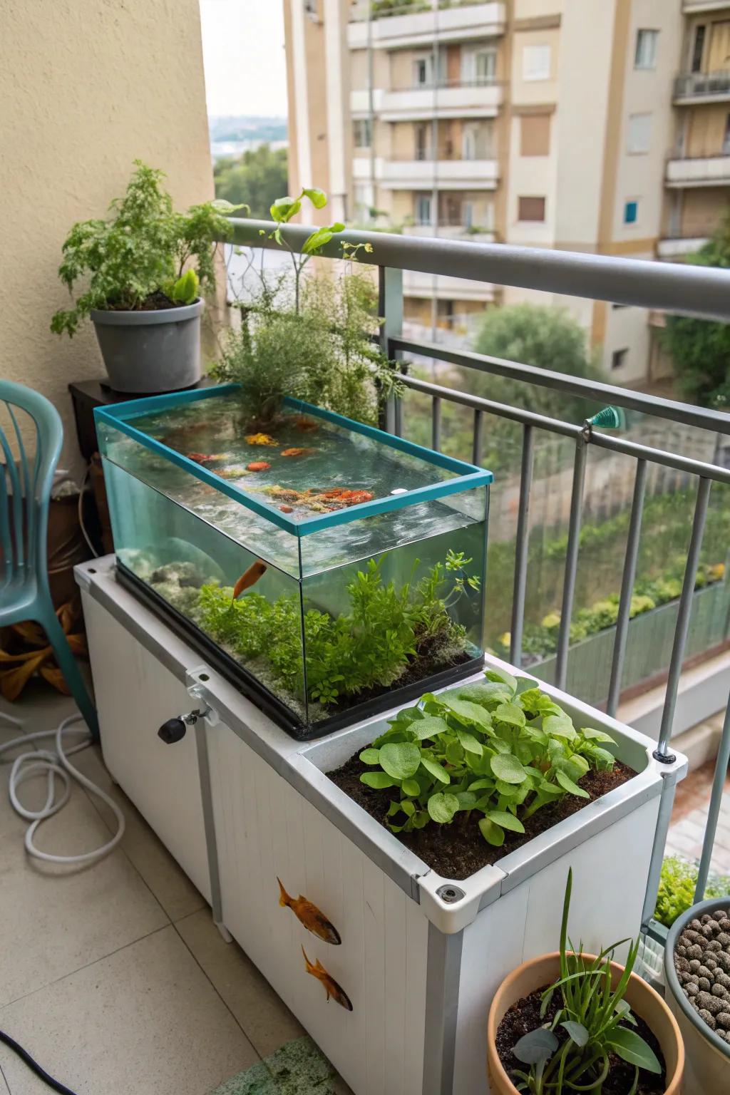 An aquaponics system offers a sustainable and symbiotic garden solution.
