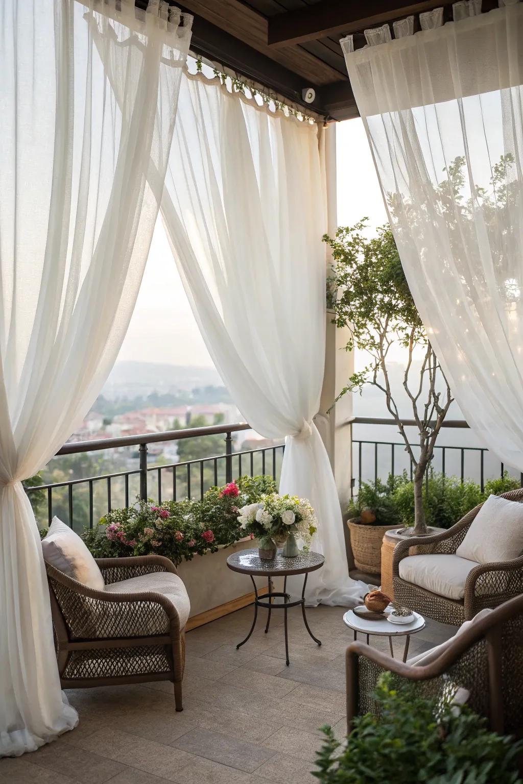 Ethereal curtains provide shade and a sense of privacy.