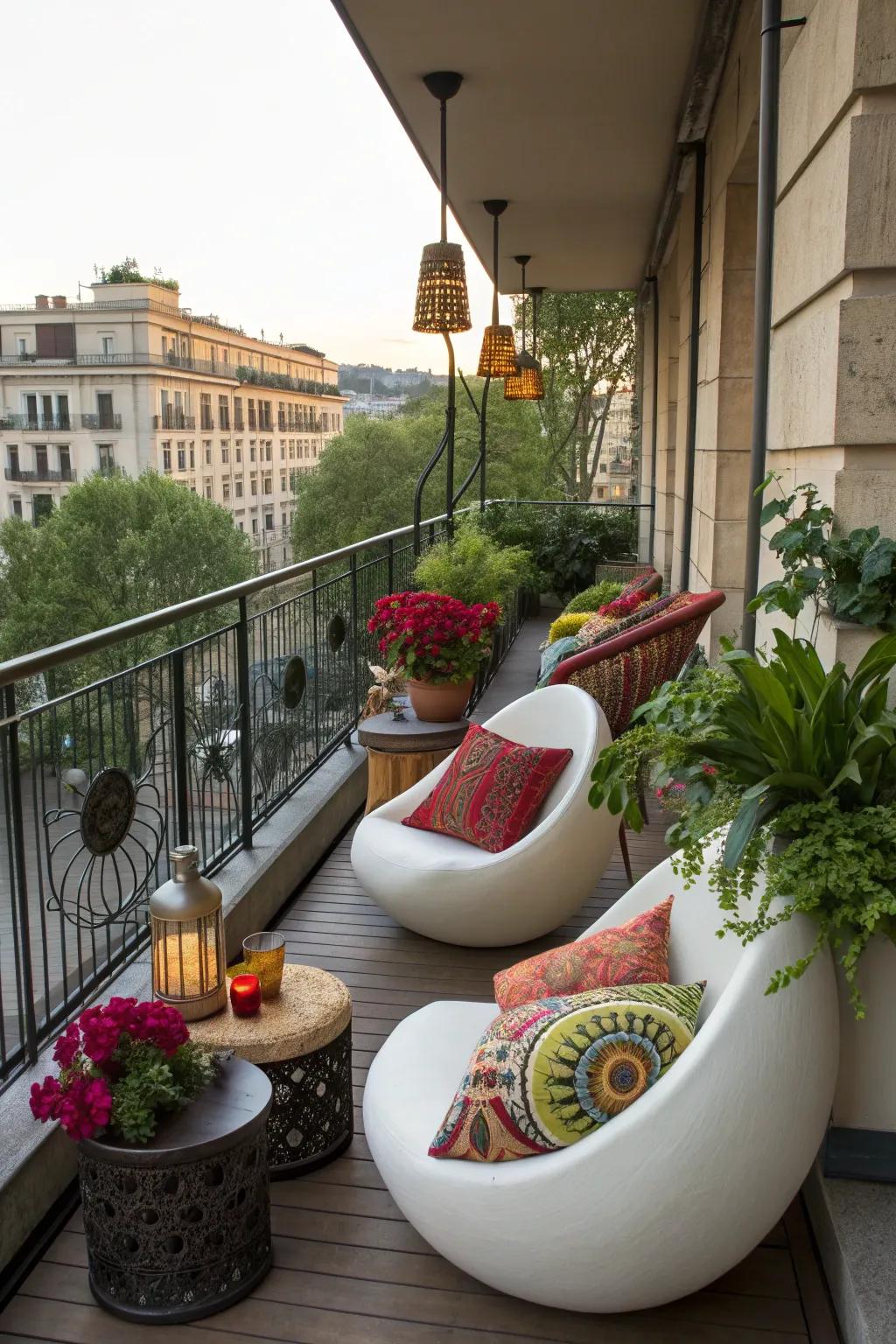 Sculptural seating adds artistic flair to balconies.