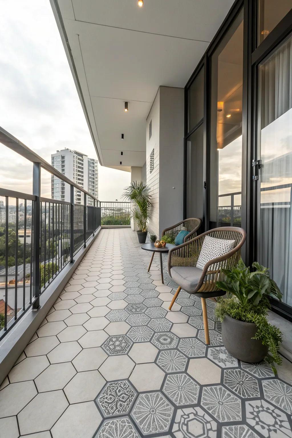 Hexagon tiles add a modern twist with their unique shape and patterns.