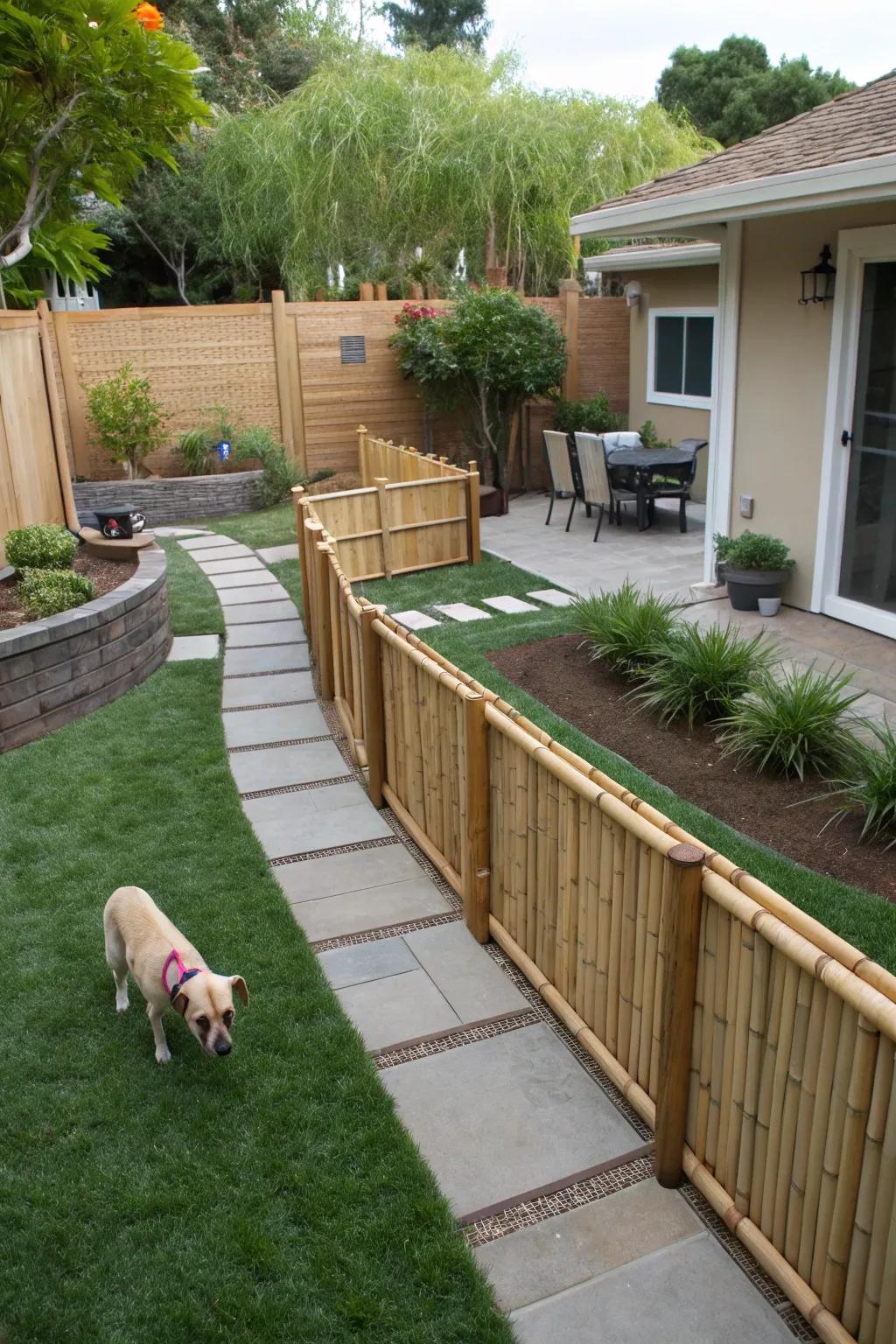 Practical bamboo edging for pet zones.