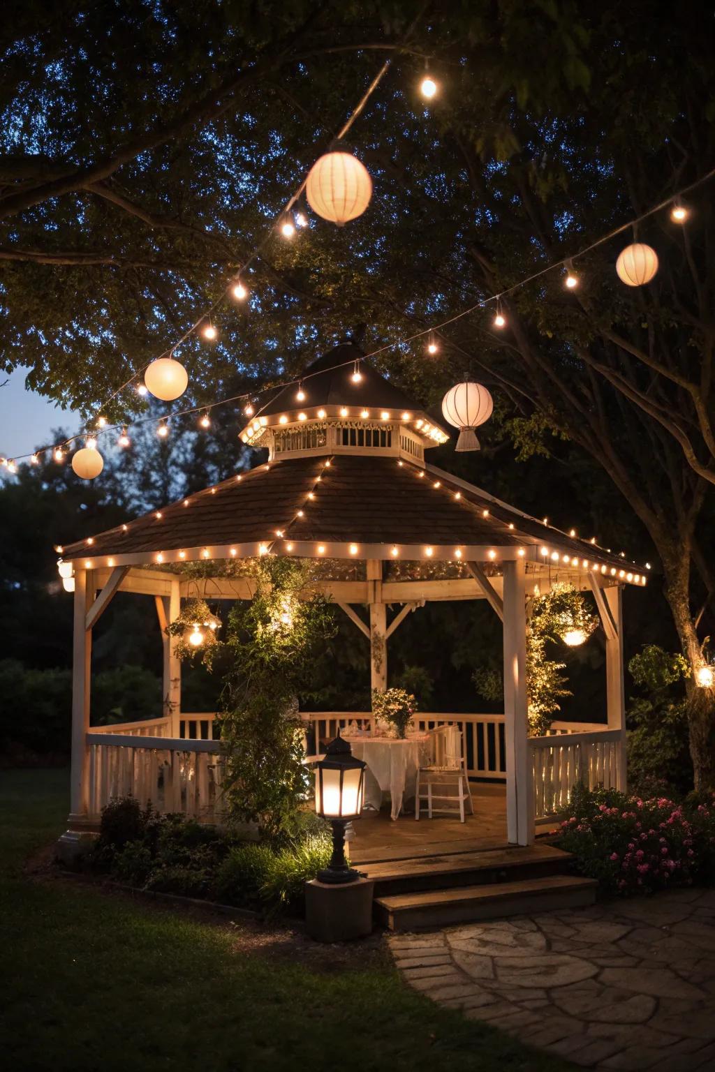 A gazebo bar with ambient lighting for a magical evening atmosphere.