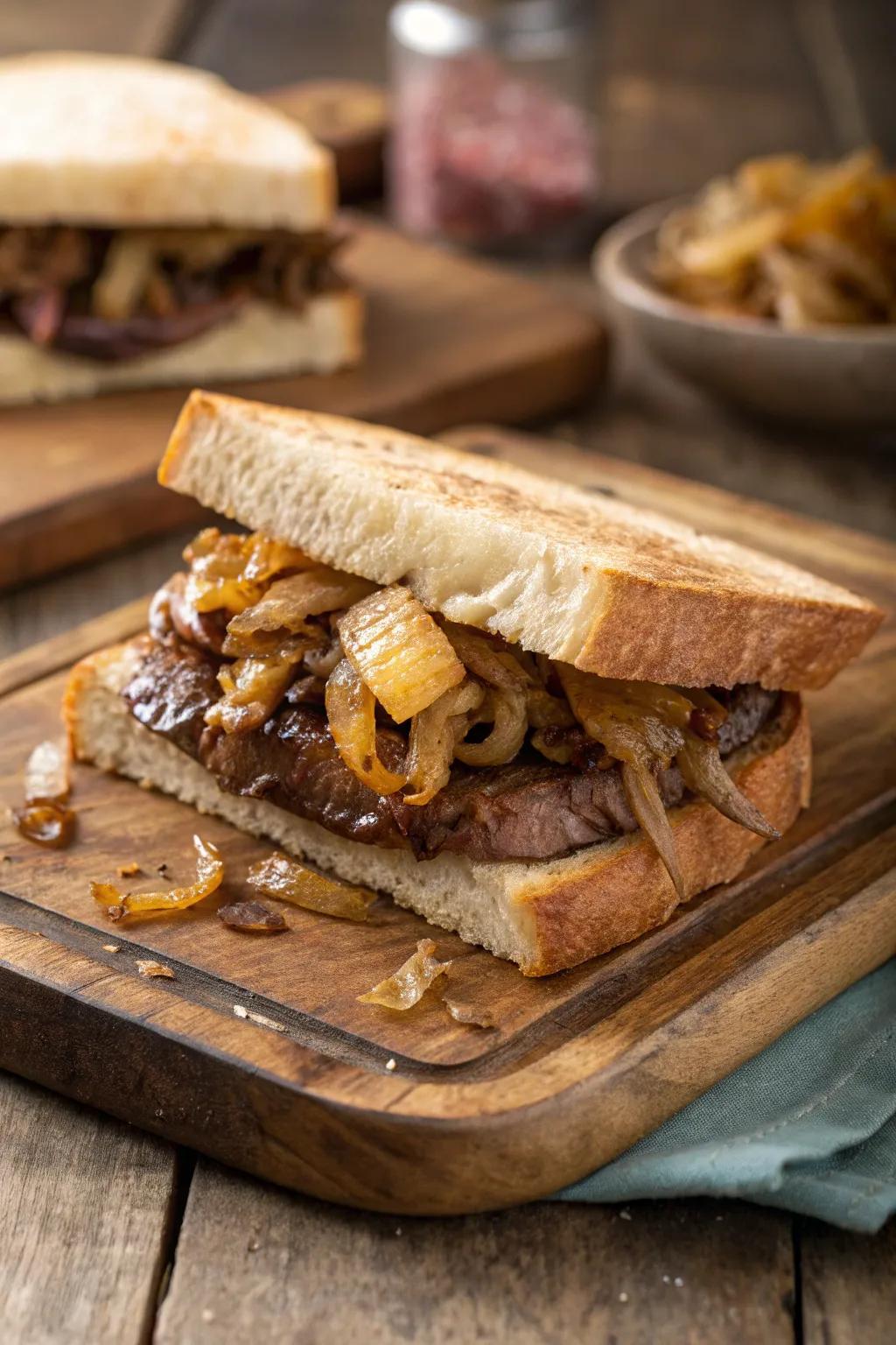 Caramelized onion beef sandwich, a mouthwatering finale with sweet and savory flavors.
