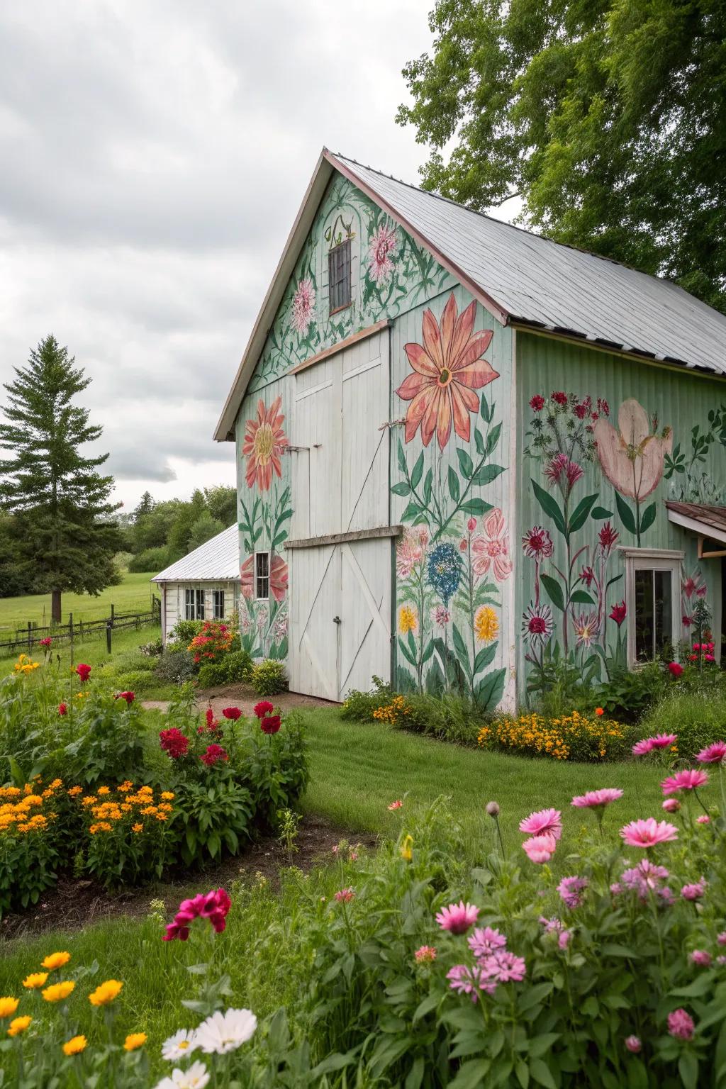 A barn adorned with floral patterns, beautifully integrated into the garden landscape.