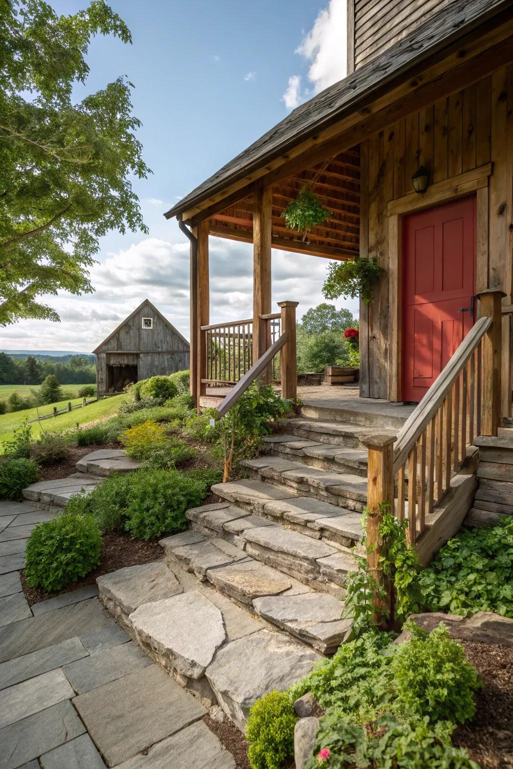 Natural stone steps leading to a barn porch, adding texture and elegance.