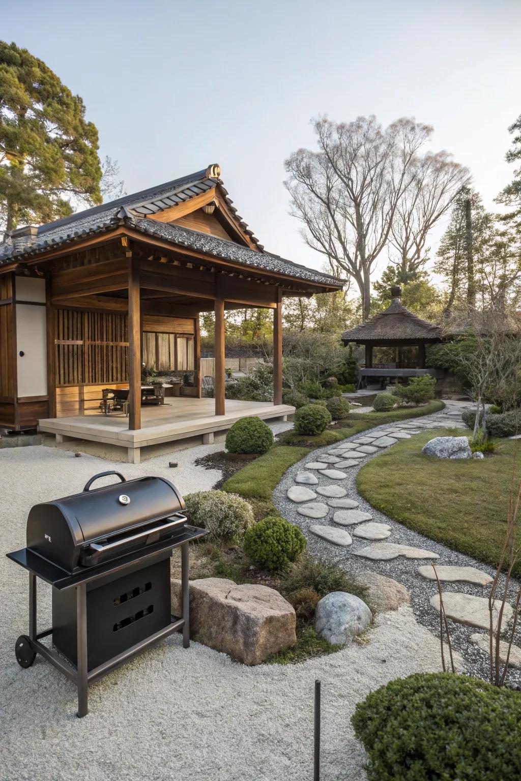 A Zen garden pavilion offers tranquility and elegance for BBQ enthusiasts.