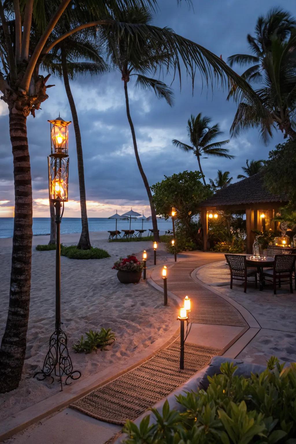 Tiki torches enhance the tropical vibe with dramatic lighting.