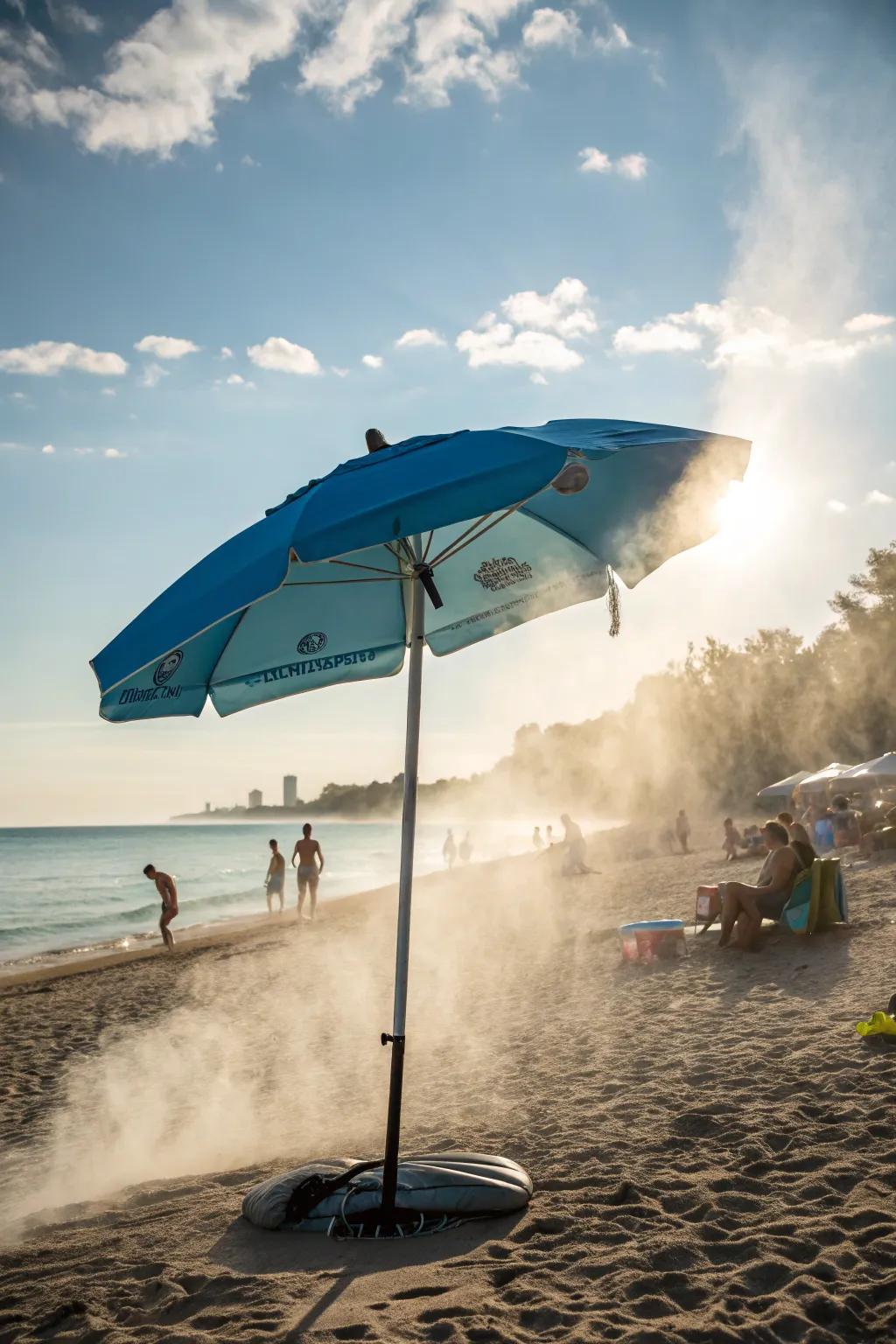 Cooling mist umbrellas add a refreshing touch to hot days.